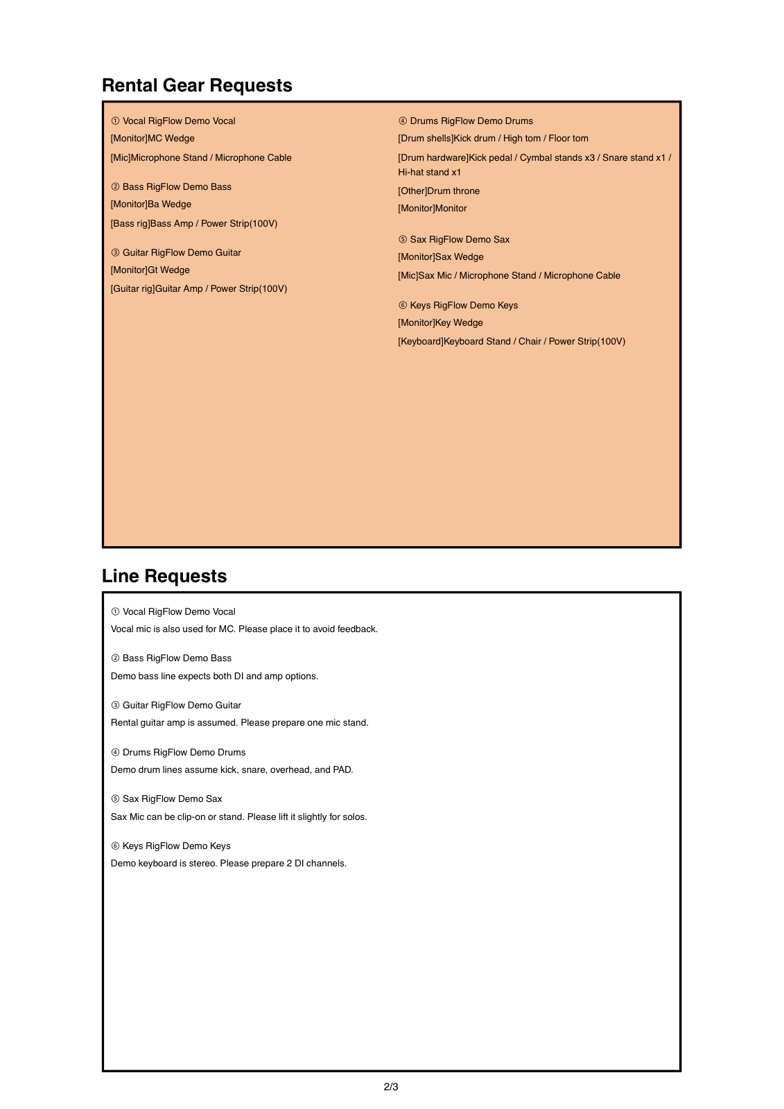 Vorschau einer aus RigFlow exportierten Equipmentlisten-PDF